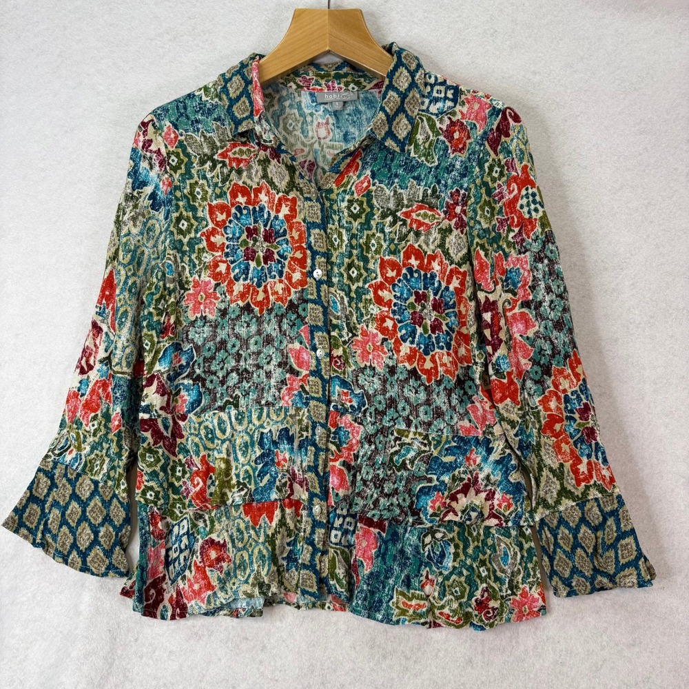 Habitat Mixed Floral Print Tiered Ruffle Hem Blouse Multi Women L Boho Artsy